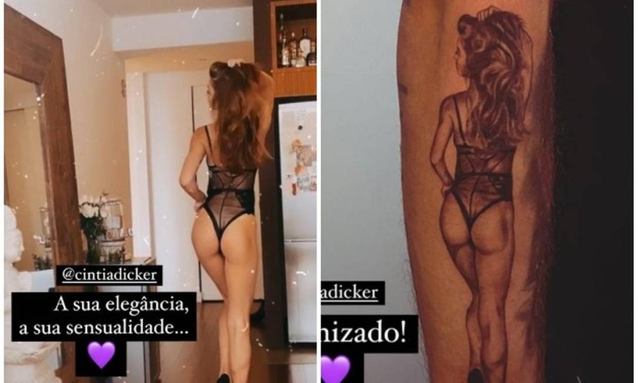 Foto original e a tutuagem de Scooby em homenagem a esposa, a modelo Cintia Dicker Foto: Reprodução Instagram