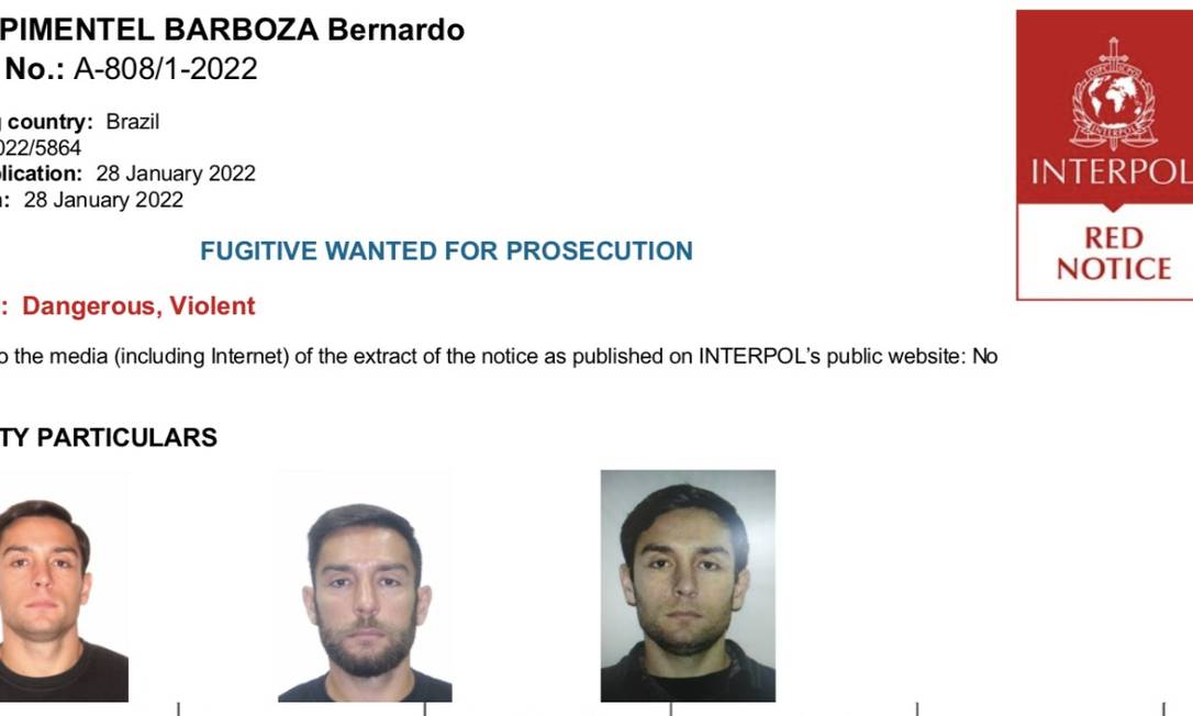 A ficha de Bernardo Bello na difusão vermelha da Interpol Foto: Reprodução