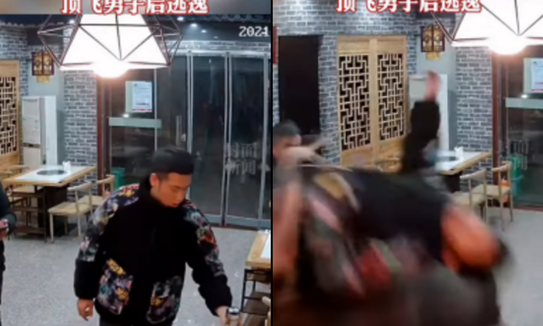 Homem foi arremessado por búfalo que invadiu restaurante na China Foto: Reprodução
