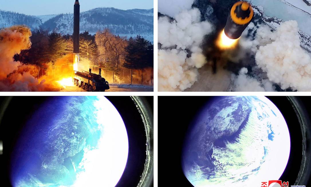 Foto de 30 de janeiro de 2022 mostra o que a Coreia do Norte diz ser o teste do míssil Hwasong-12 Foto: AFP PHOTO / KCNA VIA KNS