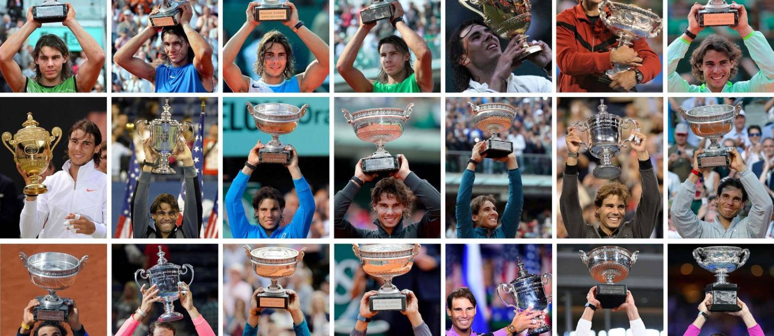 Os troféus erguidos por Rafael Nadal desde junho de 2005 no Australian Open, Roland Garros, Wimbledon e US Open: com o título, ele se isolou como o maior campeão na soma dos quatro grandes torneios Foto: STF / AFP