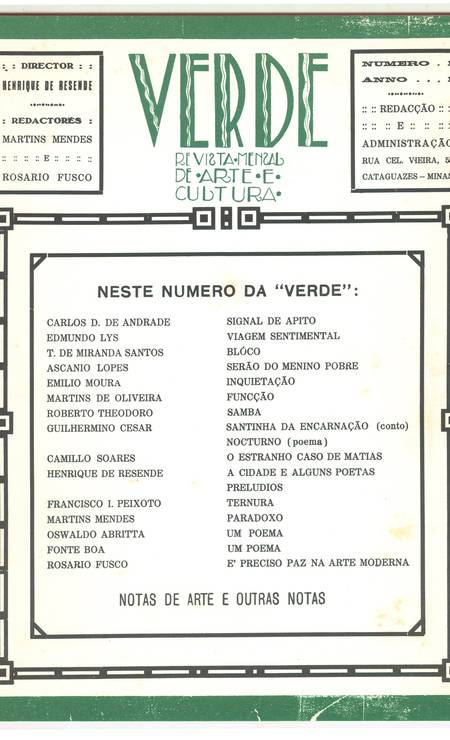 Página da revista modernista Verde, publicada em Cataguases, na Zona da Mata mineira, entre 1927 e 1929 Foto: Reprodução / Divulgação
