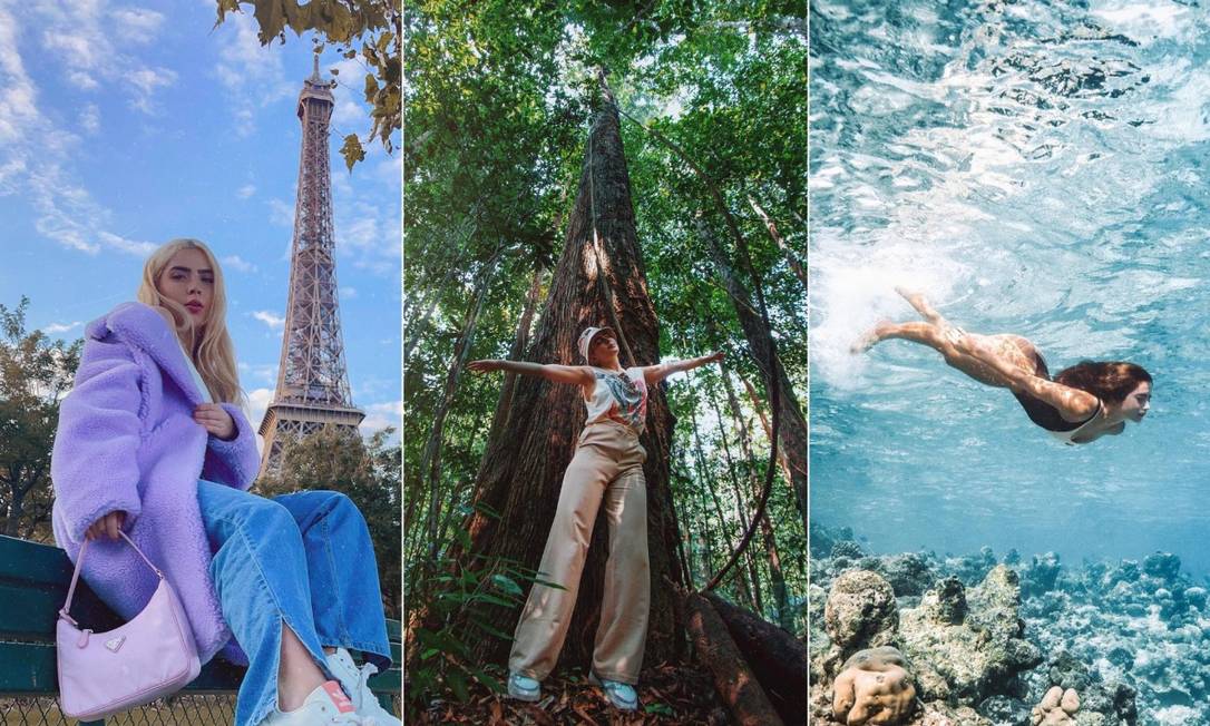 A participante do 'camarote' do 'BBB 22' Jade Picon em Paris, na Amazônia, e no arquipélago das Maldivas Foto: Montagem com fotos do Instagram