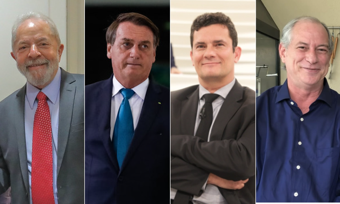 Os pré-candidatos à Presidência Luiz Inácio Lula da Silva (PT), Jair Bolsonaro (PL), Sergio Moro (Podemos) e Ciro Gomes (PDT) Foto: Divulgação