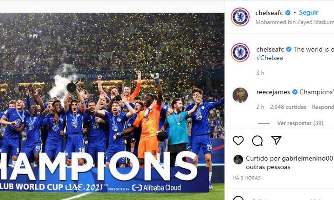 Gabriel Menino curte postagem do Chelsea logo após a vitória sobre o Palmeiras Foto: Reprodução