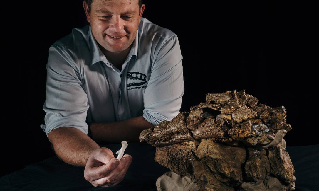 Pesquisador Matt White segurando o fêmur de ornitópode impresso em 3D ao lado do fóssil de crocodilo Foto: Matt Cawood / Museu de História Natural de Winton