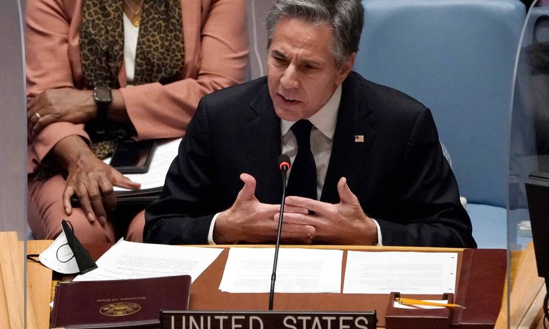 Secretário de Estado, Antony Blinken, durante discurso no Conselho de Segurança da ONU Foto: TIMOTHY A. CLARY / AFP