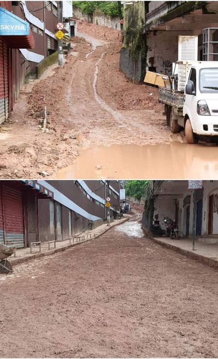 Equipes fazem o trabalho de retirada da lama e de entulho da Rua Teresa Foto: Divulgação / Comlurb