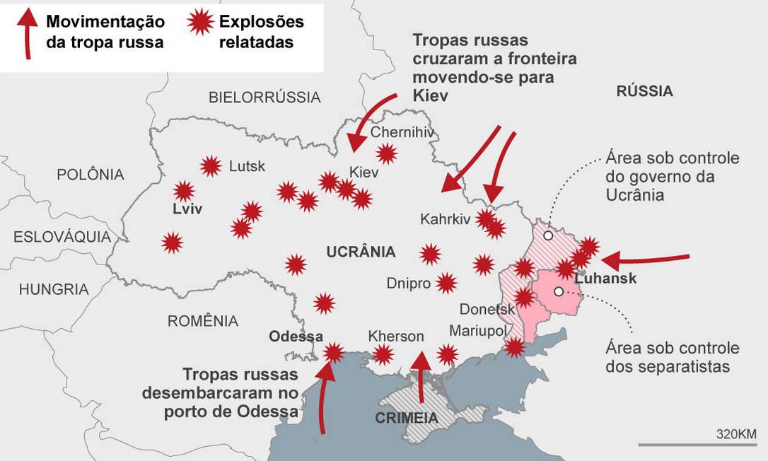 Mapa mostra ataques russos na Ucrânia, com tropas movendo-se para Kiev Foto: Arte/O GLOBO