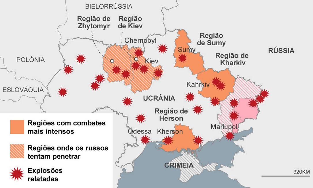 Mapa das regiões onde ocorrem combates Foto: Editoria de Arte