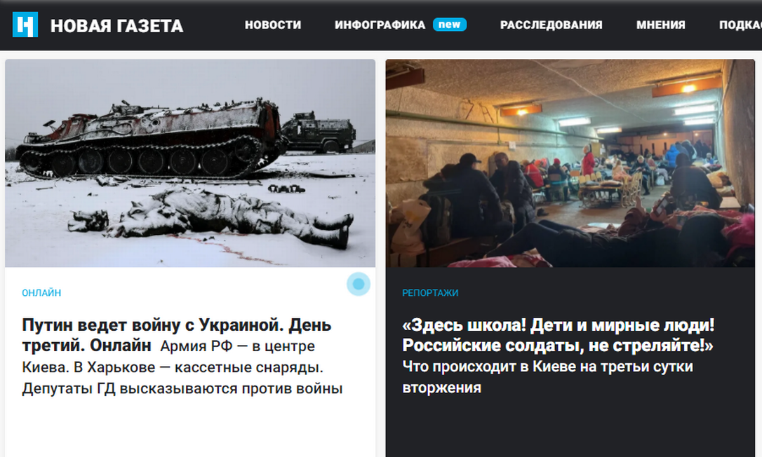 Novaya Gazeta foi um dos veículos que recebeu alerta do regulador de mídia na Rússia sobre cobertura da invasão na Ucrânia Foto: Reprodução