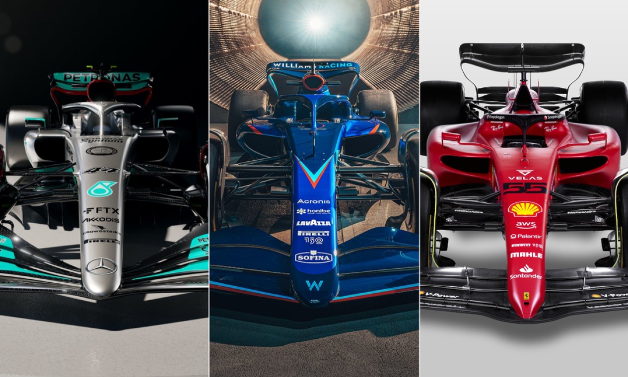 Os carros da Mercedes, Williams e Ferrari para a temporada 2022 Foto: Montagem com fotos de divulgação
