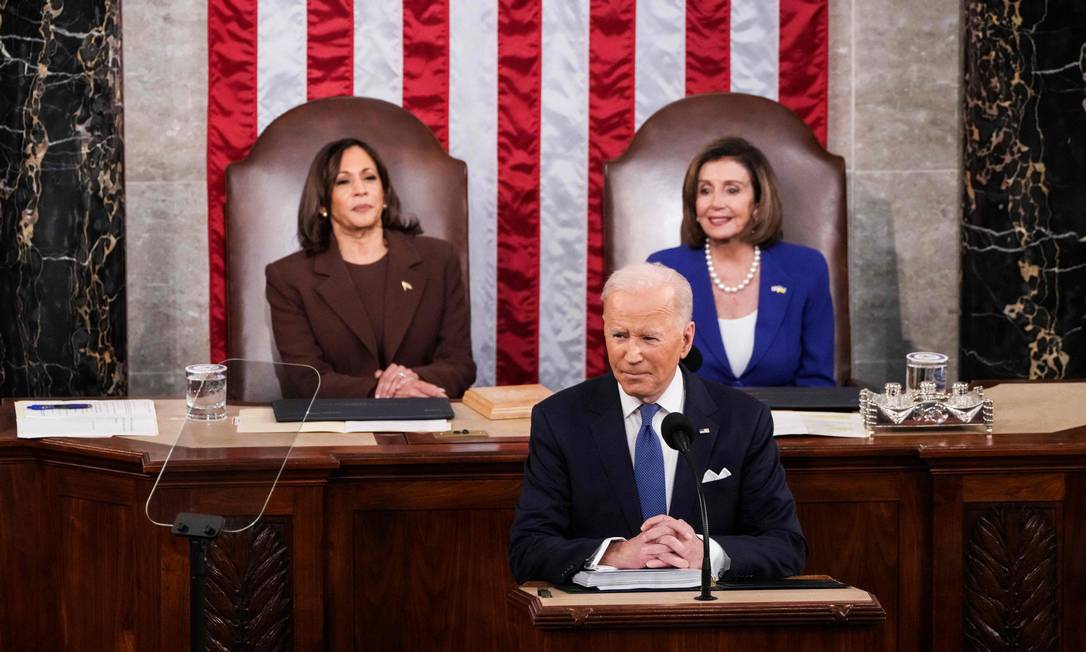 Joe Biden faz discurso do Estado da União, em Washington Foto: SARAHBETH MANEY / AFP