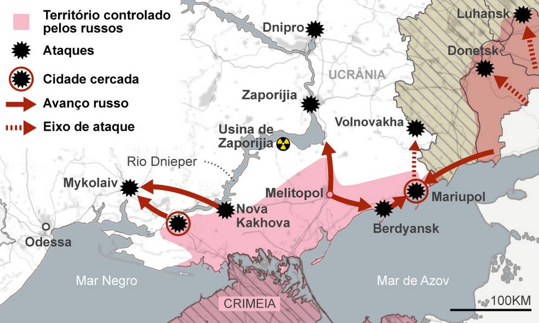 Mapa dos combates no Sul da Ucrânia Foto: Editoria de Arte