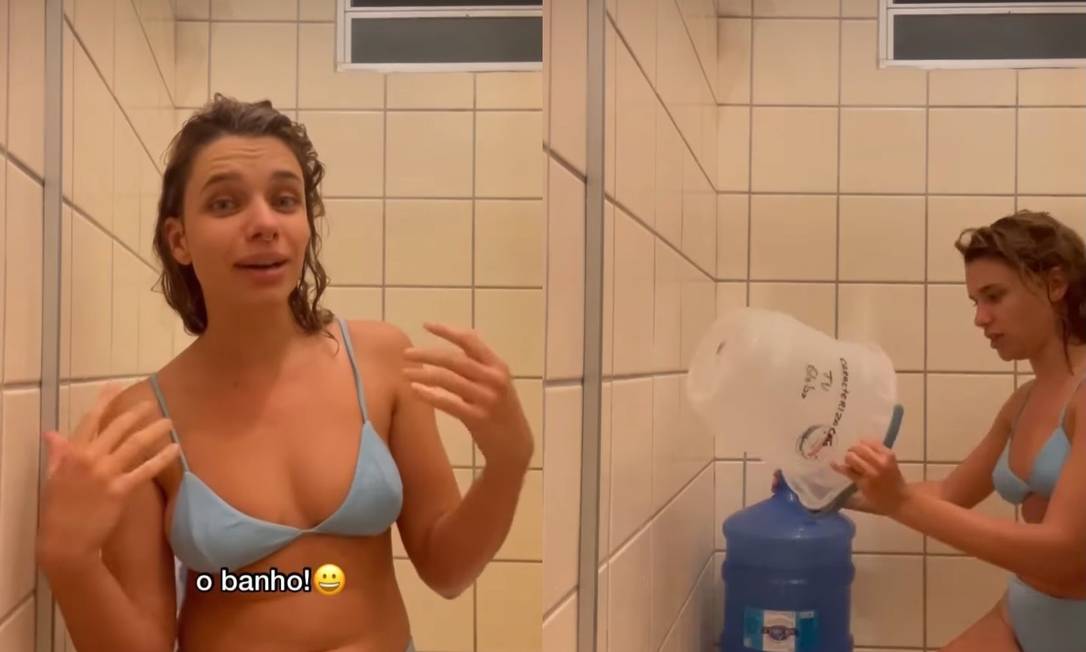 Bruna Linzmeyer toma banho de balde Foto: Reprodução