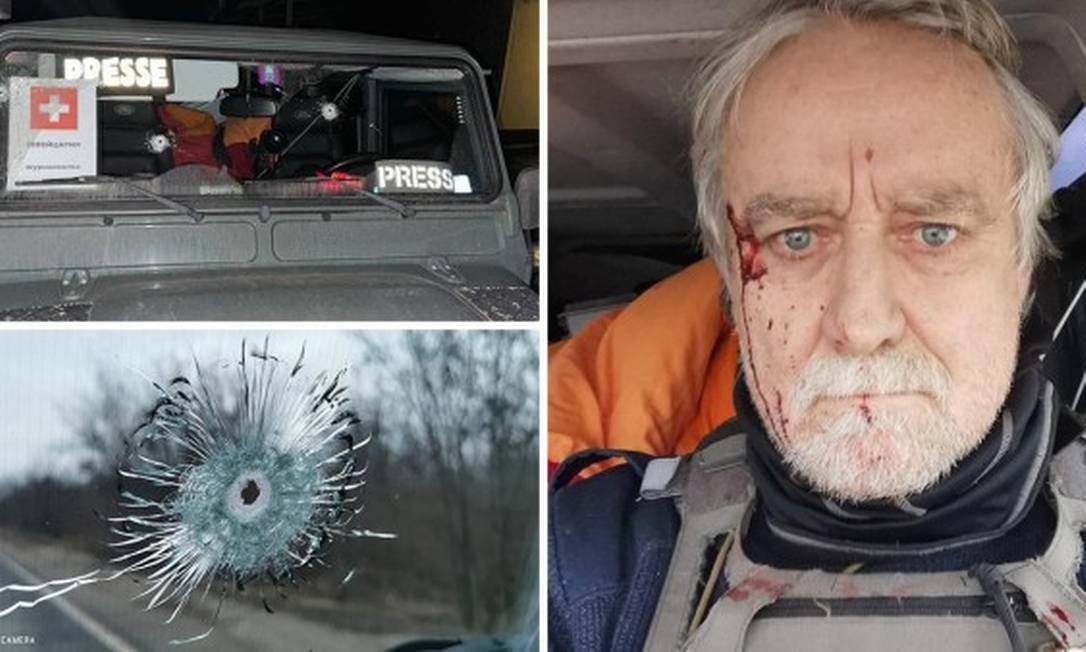 O jornalista Guillaume Briquet foi ferido por estilhaços após ter carro baleado supostamente por soldados russos Foto: Reprodução