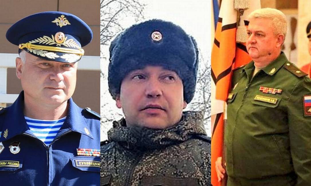 Da esquerda para a direita: Andrey Sukhovetsky, Vitaly Gerasimov e Andriy Kolesnikov; generais russos mortos na Ucrânia Foto: Reprodução
