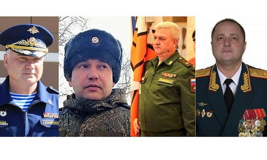 Da esquerda para a direita: Andrey Sukhovetsky, Vitaly Gerasimov, Andriy Kolesnikov e Oleg Mityaev, generais russos mortos na Ucrânia Foto: Reprodução