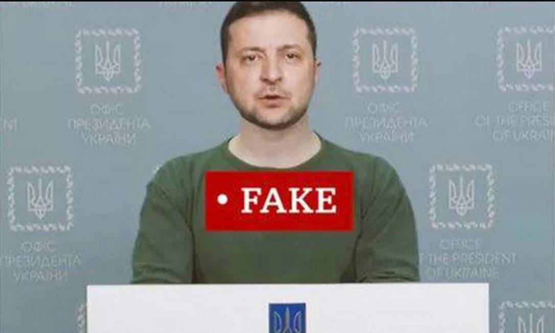 Vídeo falso com o presidente ucraniano Volodymyr Zelensky; redes sociais removeram as imagens Foto: Reprodução
