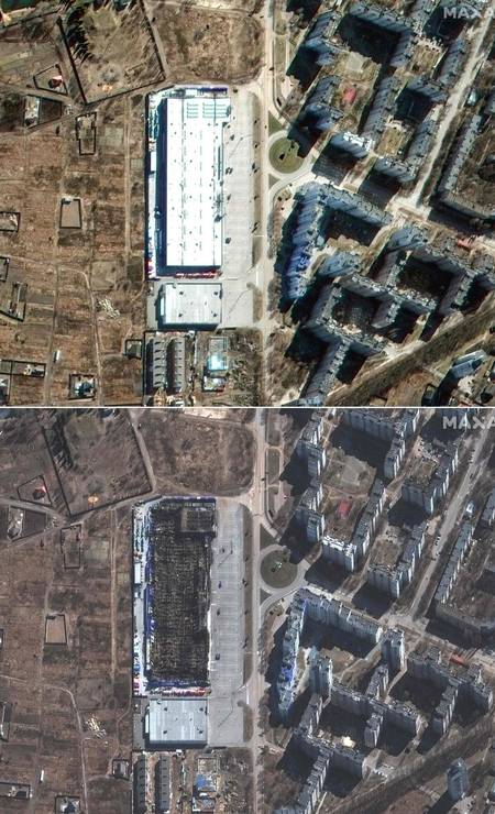 Imagens de satélite Maxar criadas em 10 de março de 2022 mostra shopping em Chernihiv, Ucrânia, em 28 de fevereiro de 2022 (topo) e em 10 de março de 2022 após ser destruído Foto: Maxar / AFP