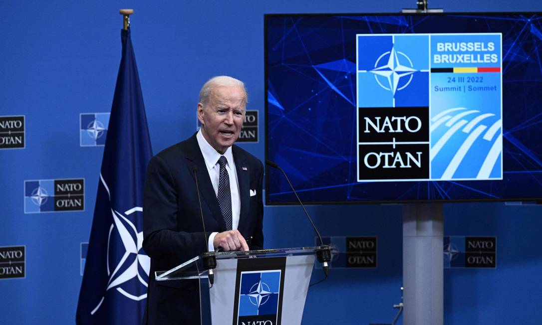 O presidente Joe Biden em entrevista coletiva na sede da Otan, em Bruxelas, após reuniões da aliança militar e do G7 Foto: Brendan Smialowski / AFP