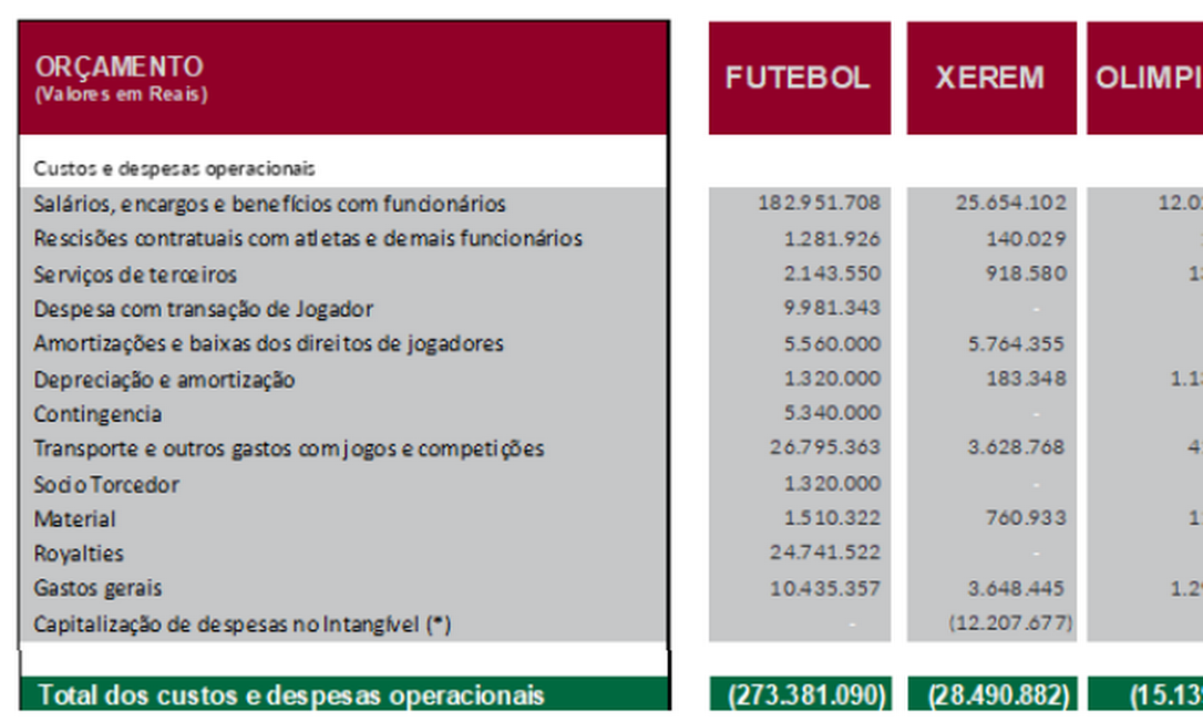 Orçamento de 2022 do Fluminense: Custos e Despesas Operacionais Foto: Reprodução