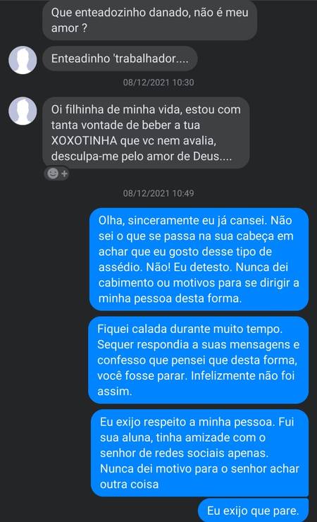 Mensagem enviada pelo professor Douglas Dâmaso dos Santos para sua ex-aluna Elielma Rodrigues e entregue à Polícia Civil do Ceará Foto: Reprodução