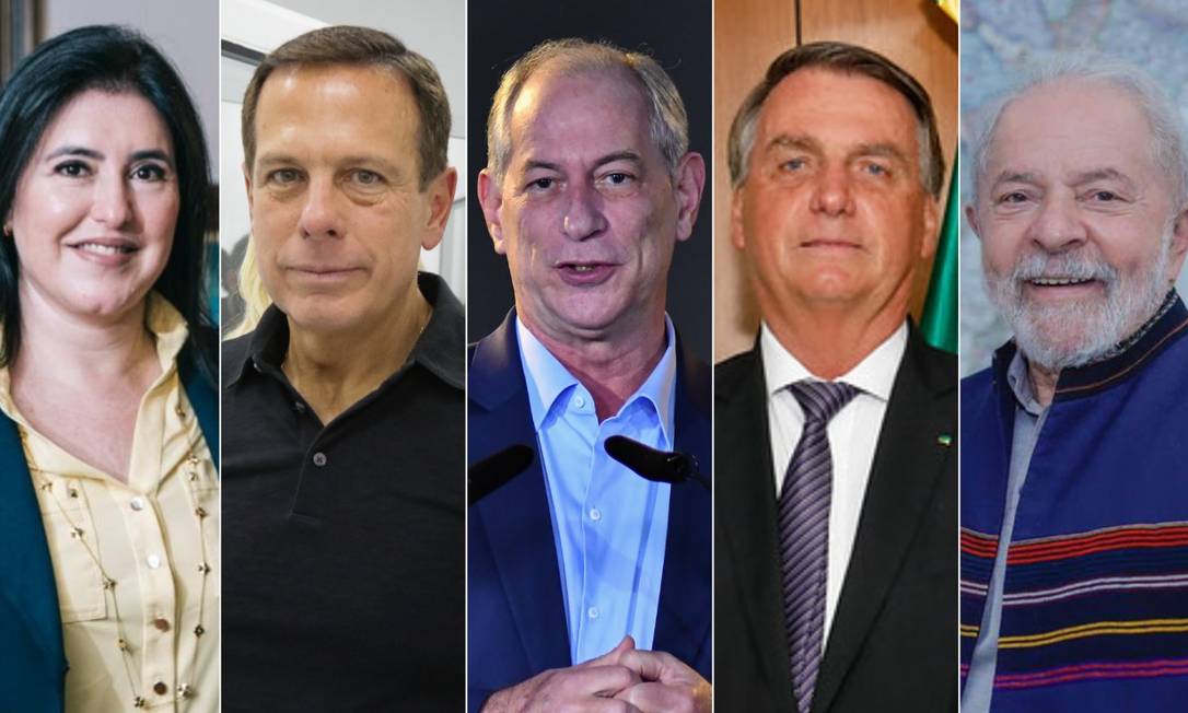 Os presidenciáveis Simone Tebet, João Doria, Ciro Gomes, Jair Bolsonaro e Lula da Silva Foto: O Globo