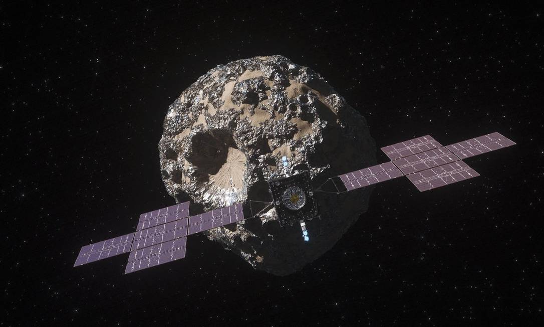 Ilustração do asteróide Psyche com a espaçonave da NASA Foto: Divulgação/NASA