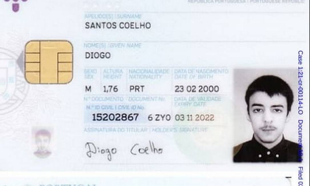 Diogo Santos Coelho em documento divulgado pelo Departamento de Justiça dos Estados Unidos Foto: Divulgação Departamento de Justiça