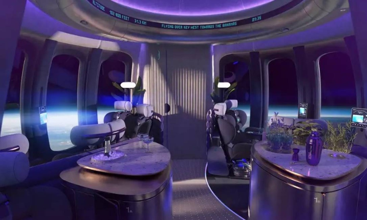 Visão do interior da cabine da Spaceship Neptune, com luzes roxa Foto: Divulgação