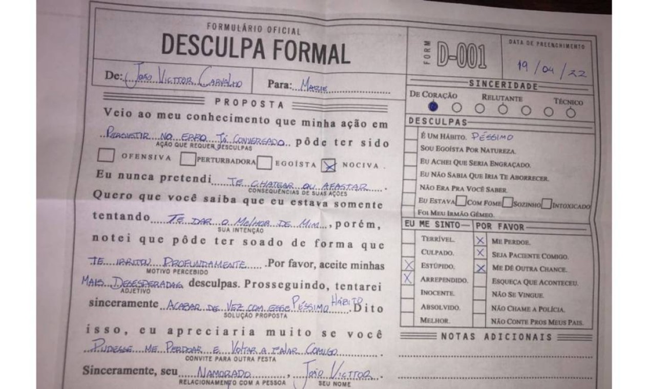 Formulário de desculpa formal' preenchido por namorado repercute na web -  Jornal O Globo
