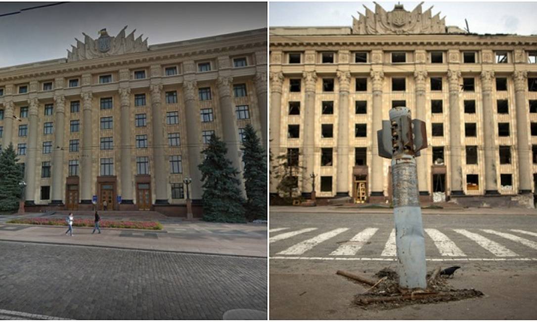 O prédio da Administração de Kharkiv foi alvo de ataque de míssil em 1º de março Foto: Reprodução/Google Maps/ REUTERS/Alkis Konstantinidis