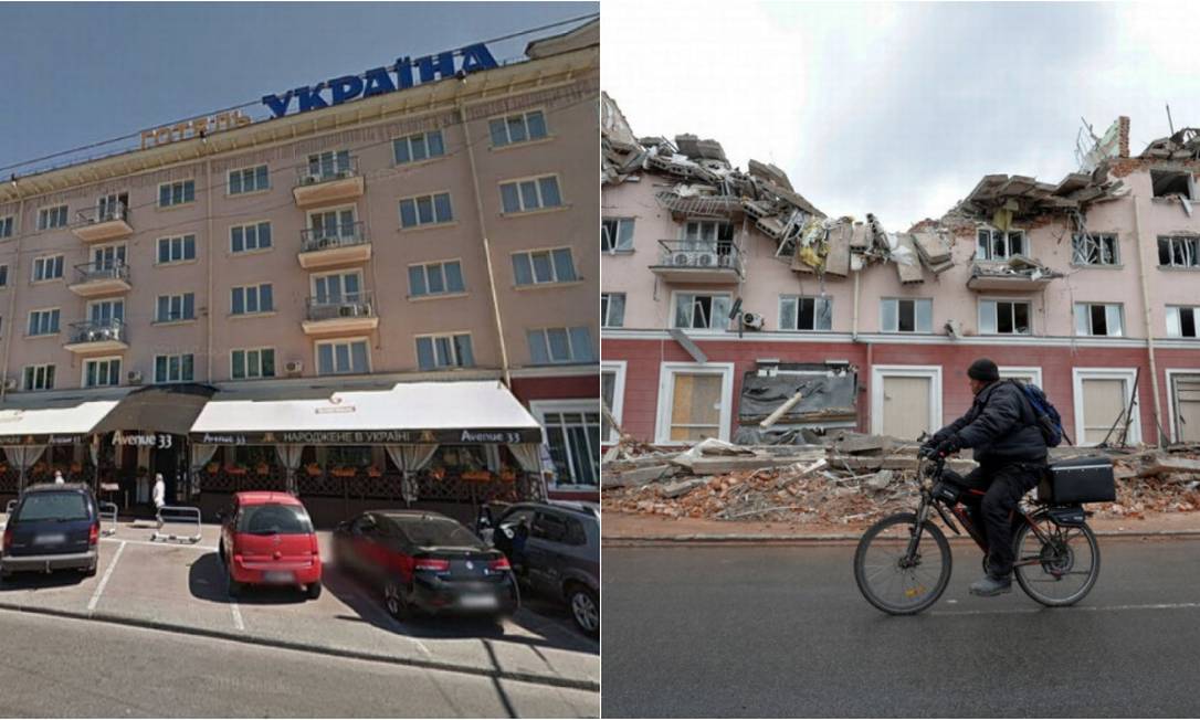 Hotel Ucrânia, em Chernihiv, foi destruído por bombardeio. Prédio havia sido construído em 1961 Foto: Reprodução/Google Maps/ REUTERS/Serhii Nuzhnenko