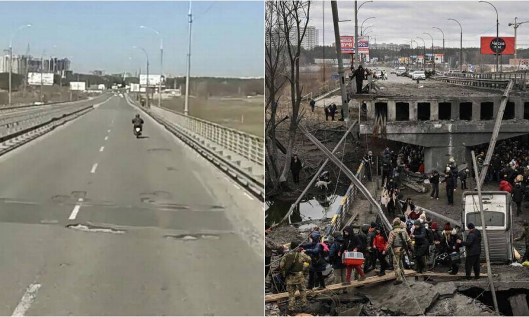 Ponte destruída em Irpin, na Ucrânia Foto: Reprodução/Google/ARIS MESSINIS / AFP