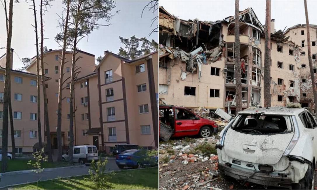 Edifício residencial destruído por bombardeios na cidade de Irpin, na região de Kiev Foto: Reprodução/SERHII NUZHNENKO / REUTERS