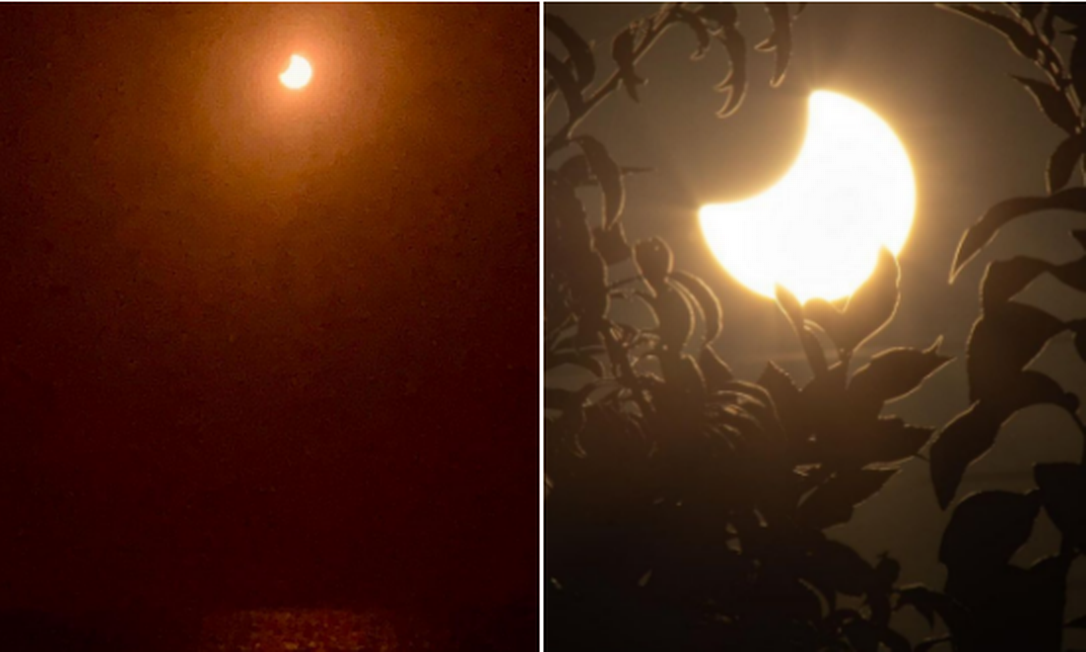 Fotos do eclipse solar parcial em 30 de abril de 2022 Foto: Instagram @jumartinezj (esquerda) @dannyonce_ (direita) / Reprodução