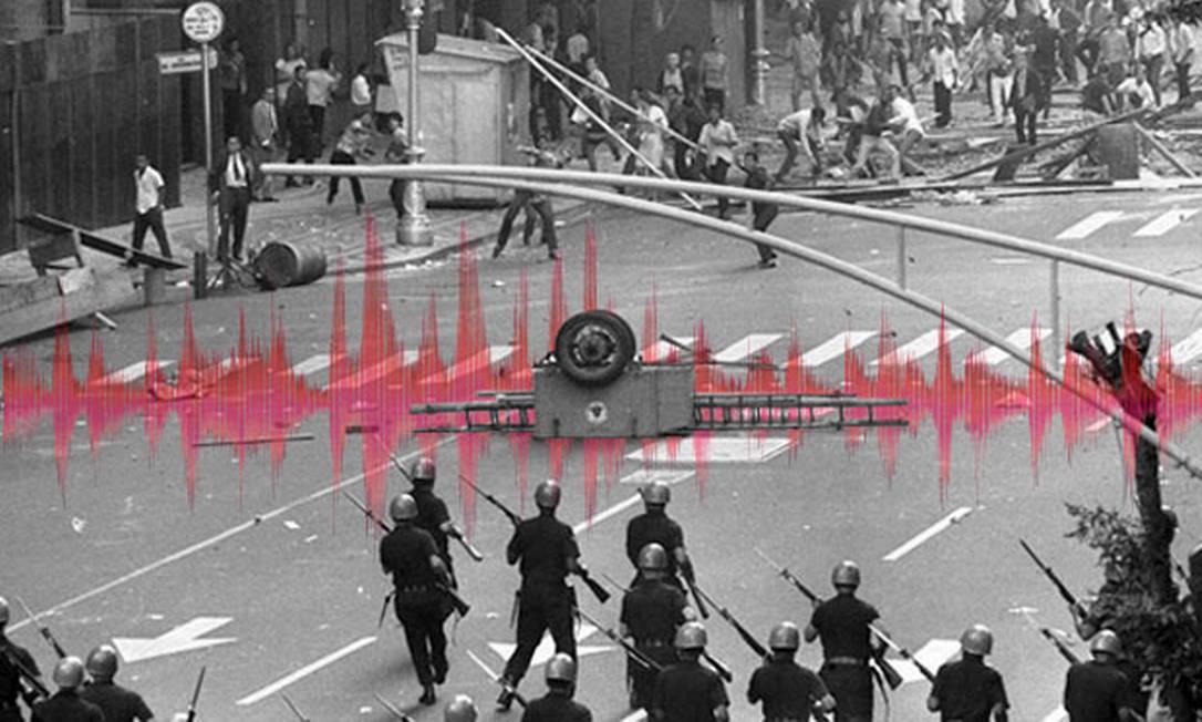 Estudantes em confronto com a polícia em manifestação contra a Ditadura Militar, no Rio, em 1968 Foto: Arquivo Agência O Globo/Editoria de Arte