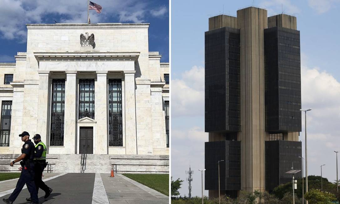 As sedes do Fed, banco central dos EUA, em Washington, e do Banco Central do Brasil, em Brasília Foto: Editoria de Fotografia
