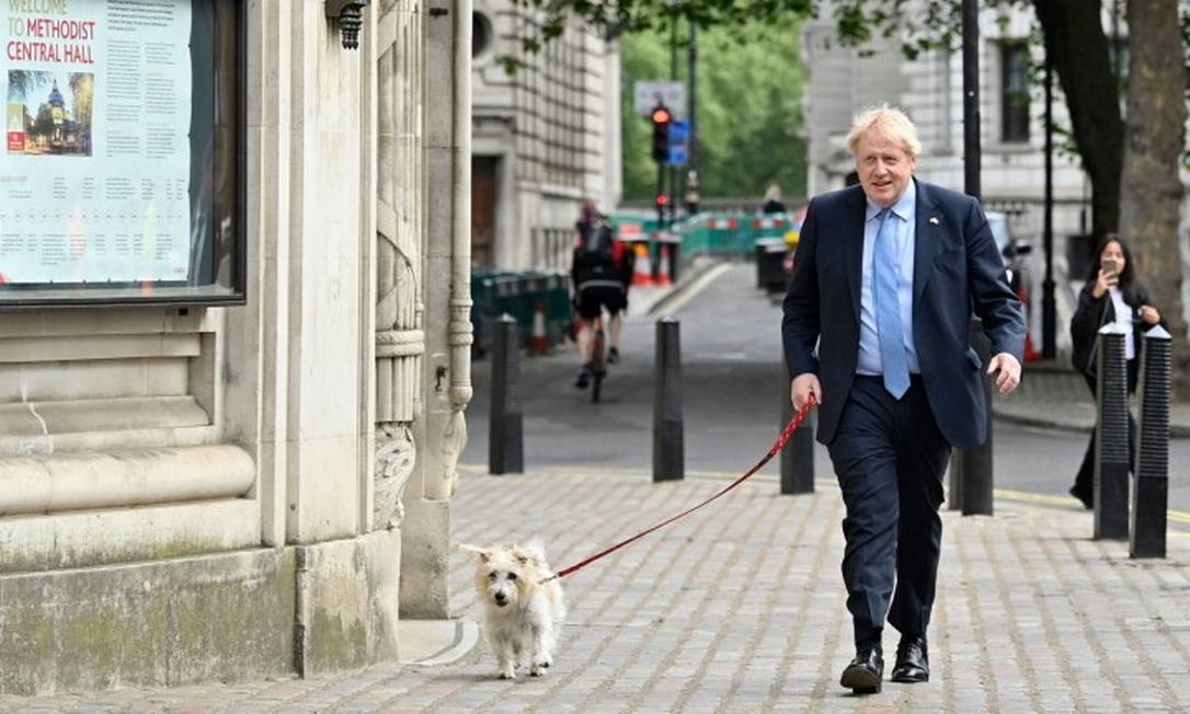O primeiro-ministro britânico, Boris Johnson, chega para votar com seu cão Dilyn em Londres Foto: JUSTIN TALLIS / AFP