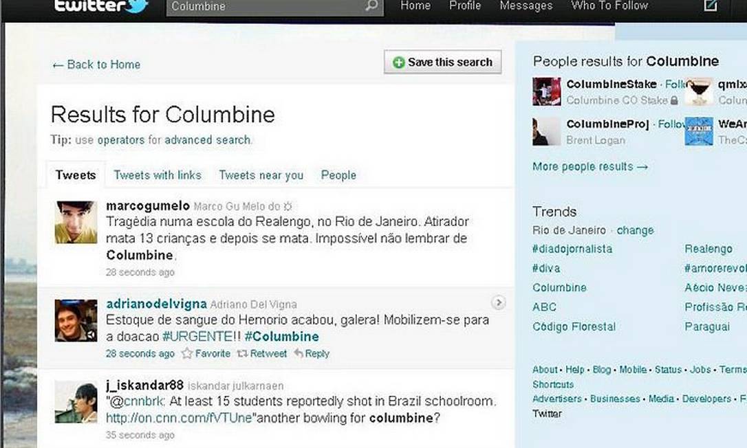 No Twitter, internautas comparam tragédia em Realengo com o massacre de Columbine