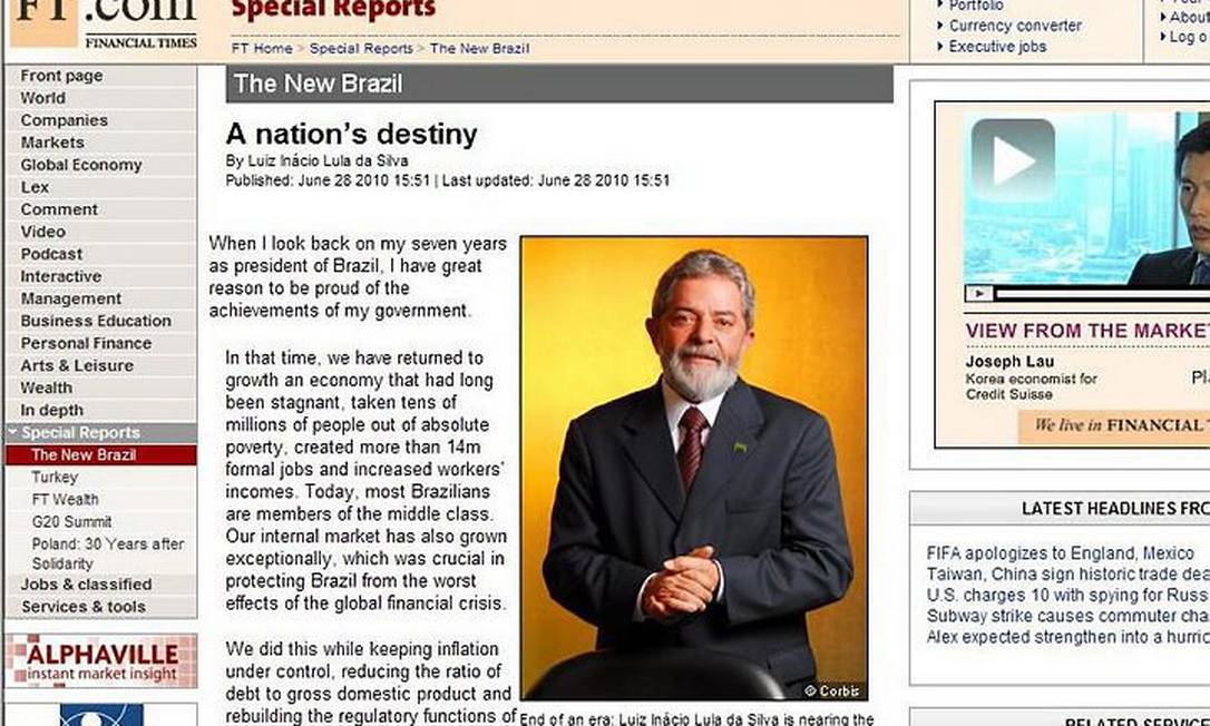 Reprodução do artigo do 'Financial Times', no qual Lula promete atuação internacional após deixar a Presidência