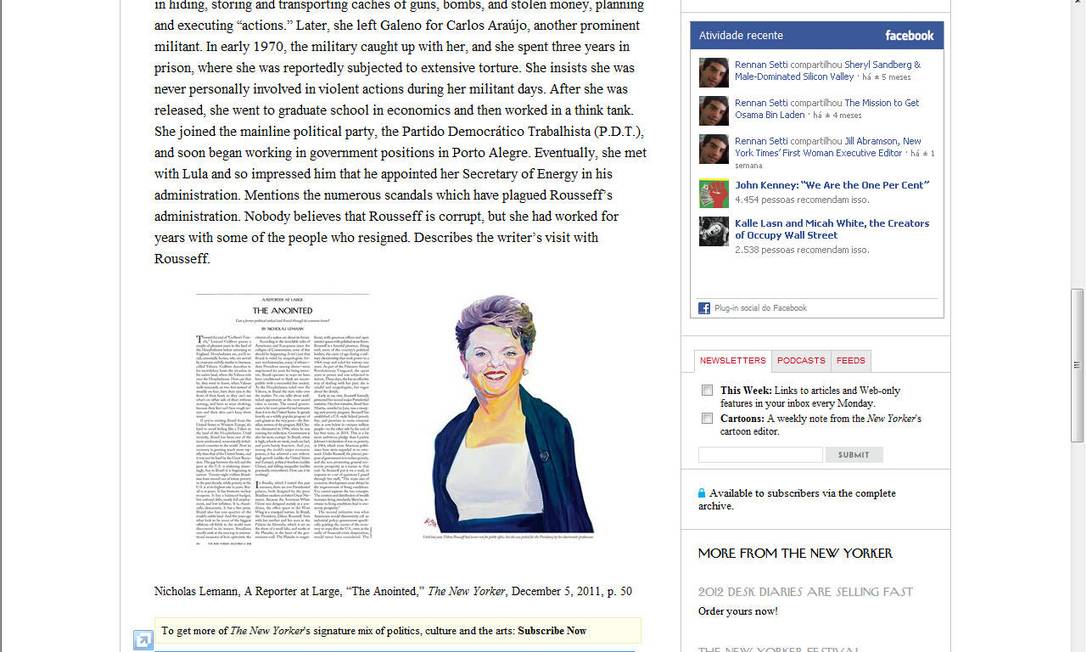 A revista 'The New Yorker' desta semana traz um perfil da presidente Dilma Rousseff Foto: Reprodução / The New Yorker