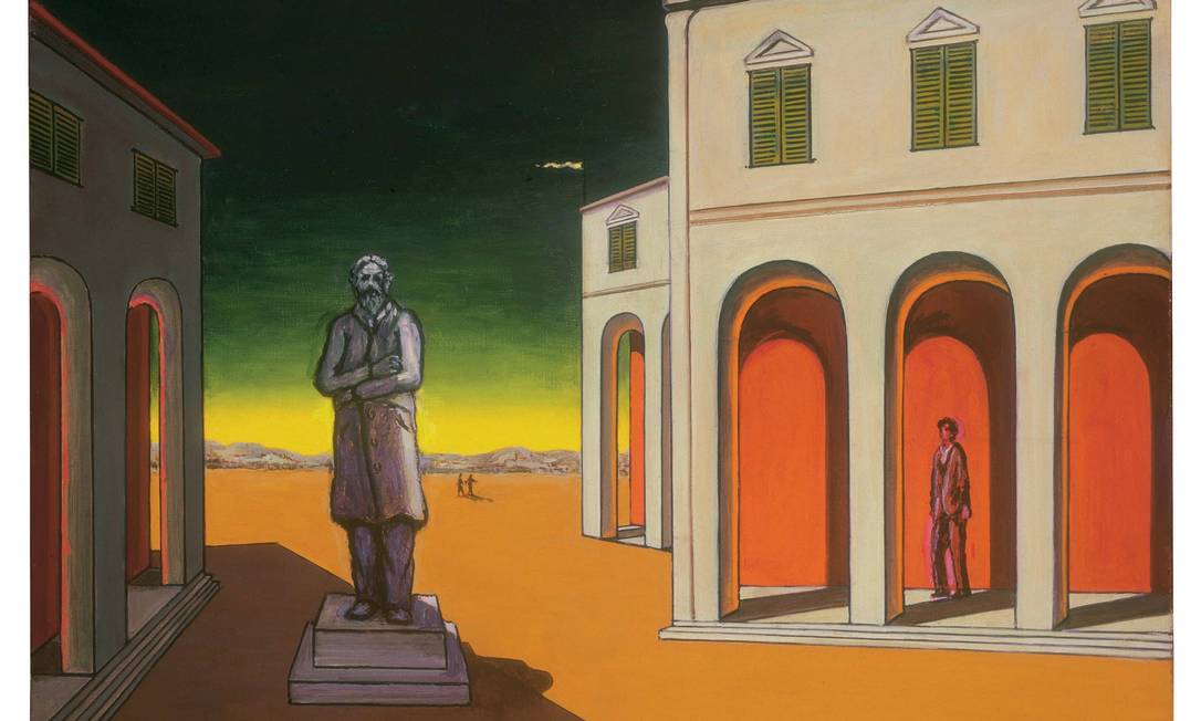 'Piazza d'Italia com statua di Cavour' (1974), de Giorgio de Chirico. A obra estará na exposição 'De Chirico e o sentimento da arquitetura' Foto: Divulgação / Agência O Globo