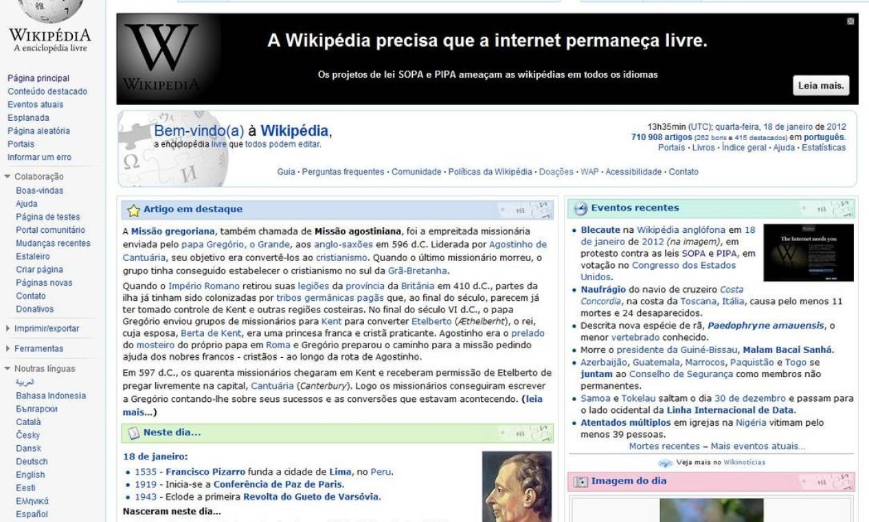 A versão brasileiras da enciclopédia virtual permanece no ar, mas convida o usuário a entender o que se passa no Congresso americano Foto: Reprodução