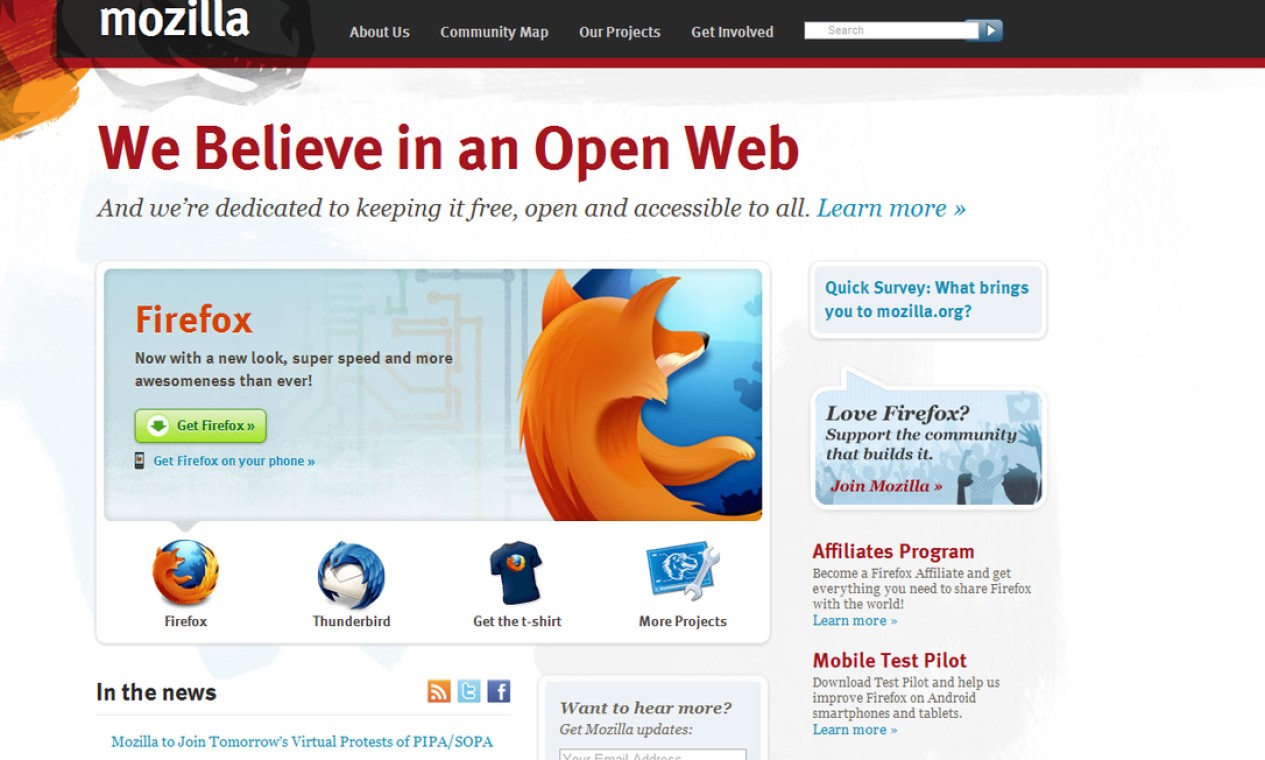 O site da Mozilla, desenvolvedora do Firefox, apresenta mensagem sobre internet livre Foto: Reprodução