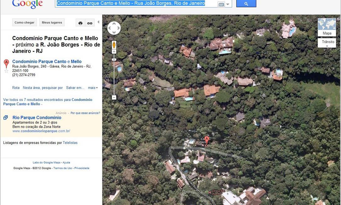 
Vista aérea do Condomínio Parque Canto e Mello, na Gávea, localizado em área de reserva florestal
Foto: Reprodução do Google