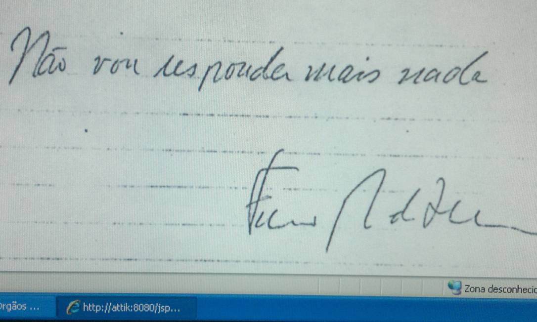 
No final de seu depoimento aos militares, em 1978, Chico Buarque, do próprio punho, escreveu: "não vou responder mais nada"
Foto: Reprodução / Agência O Globo