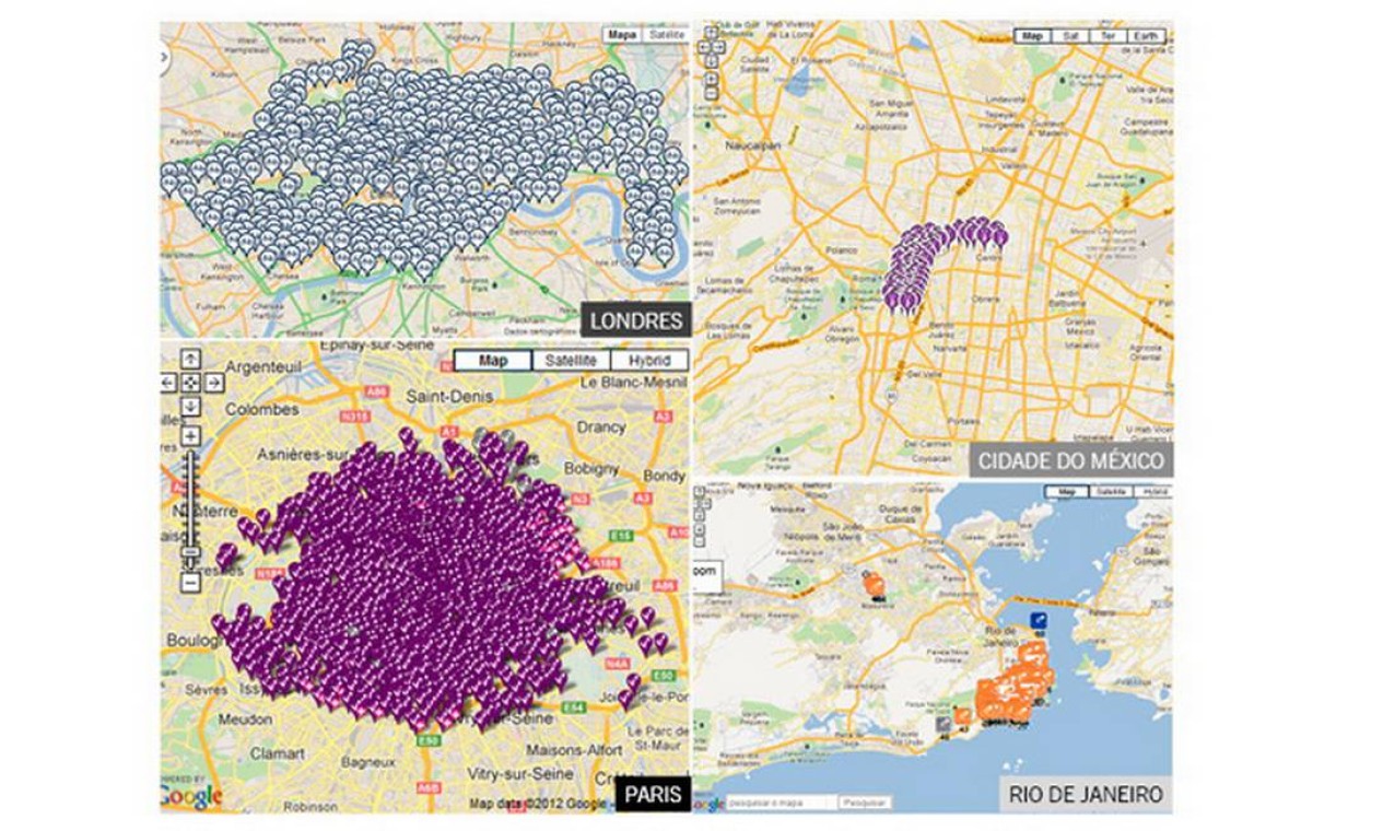 A comparação dos mapas de quatro cidades no mundo que dispõem de sistemas de bicicletas públicas mostra em que passo o Rio está Foto: O Globo