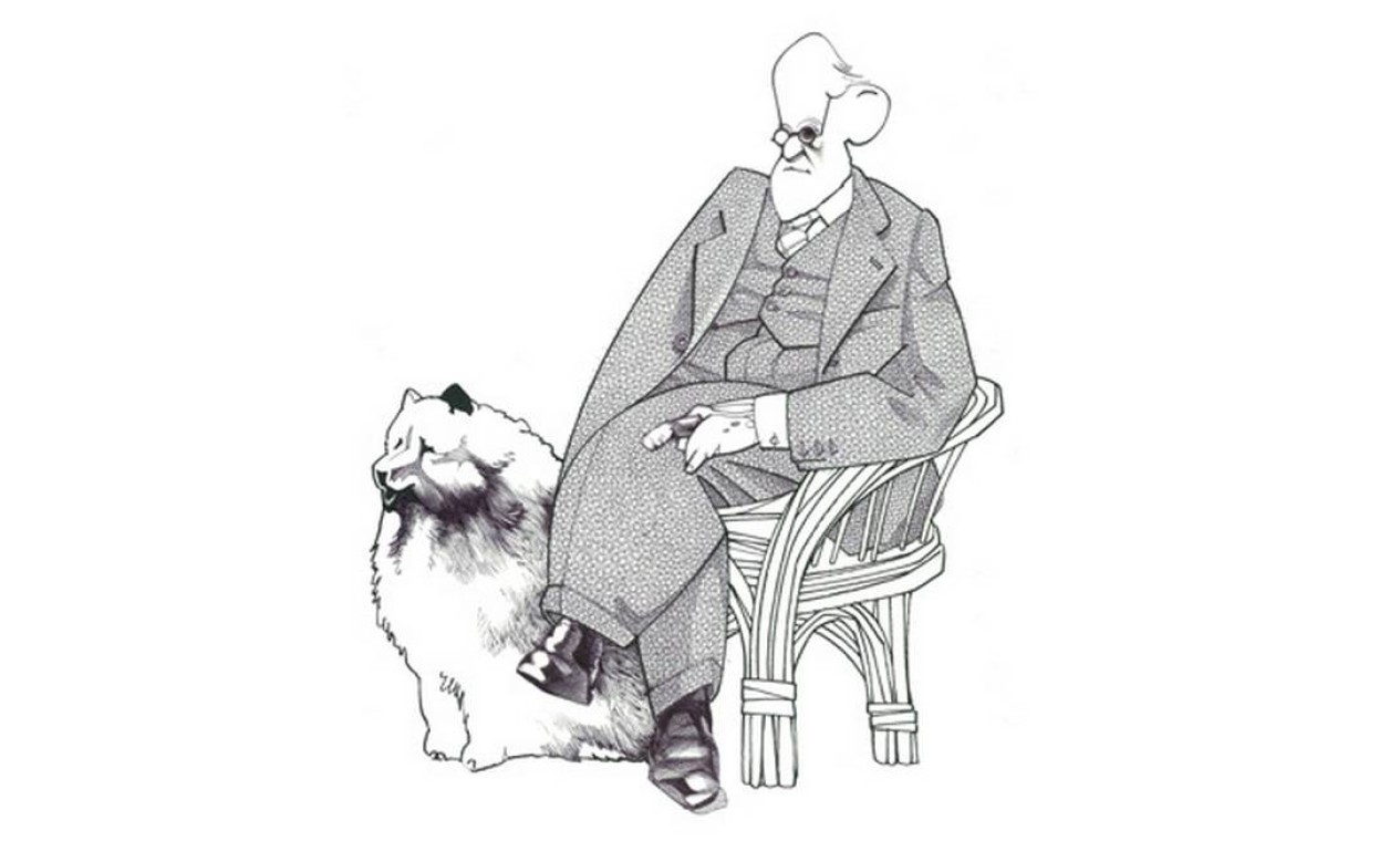 Freud, pai da psicanálise, é retratado com seu cachorro na exposição do cartunista Foto: Divulgação
